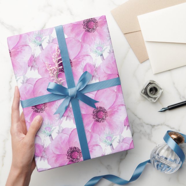 Rosa Anemone botaniska vattenfärgsfigursättning Presentpapper (Gifting)