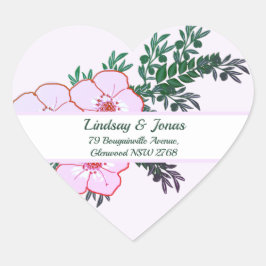 Rosa anemone Greenery Returadress Sticker Hjärtformat Klistermärke