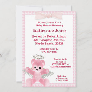 Rosa Angel Bear Baby Shower-inbjudan Inbjudningar