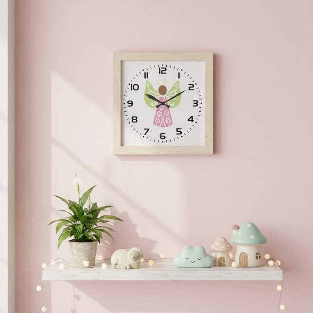 Rosa Angel Grönt Swirl Vingar Andlig Decorative Stor Klocka (Skapare uppladdad)