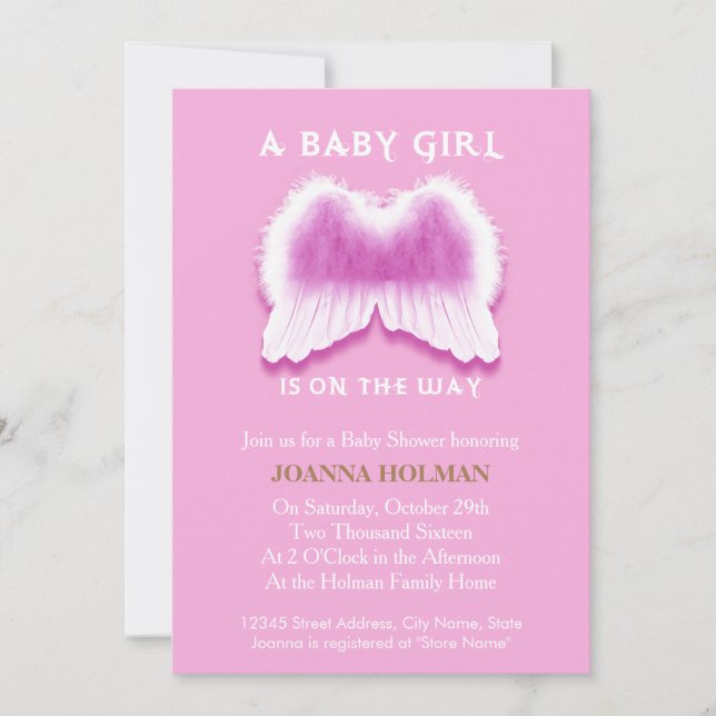 Rosa Angel Vingar Baby Shower Card Inbjudningar (Framsida)