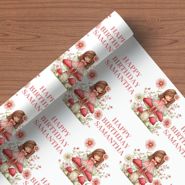 Rosa Ängelflicka Whimsical Blommig Födelsedagspres Presentpapper (Pink Fairy Girl Whimsical Floral Birthday Wrapping Paper

)