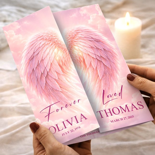 Rosa ängelvingar firande liv begravningsprogram reklamblad (Funeral Program Pink Angel Wings Obituary Template Flyer, Funeral Memorial, Loss of Mother)