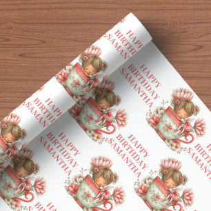 Rosa Änglatunge Whimsical Blommig Födelsedagsprese Presentpapper