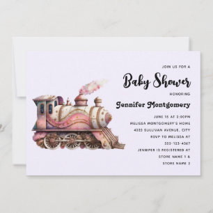 Rosa ånglok i vintage steampunk-stil för baby show inbjudningar