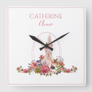 Rosa Animal Bunny Blommigt Girly Namn Fyrkantig Klocka