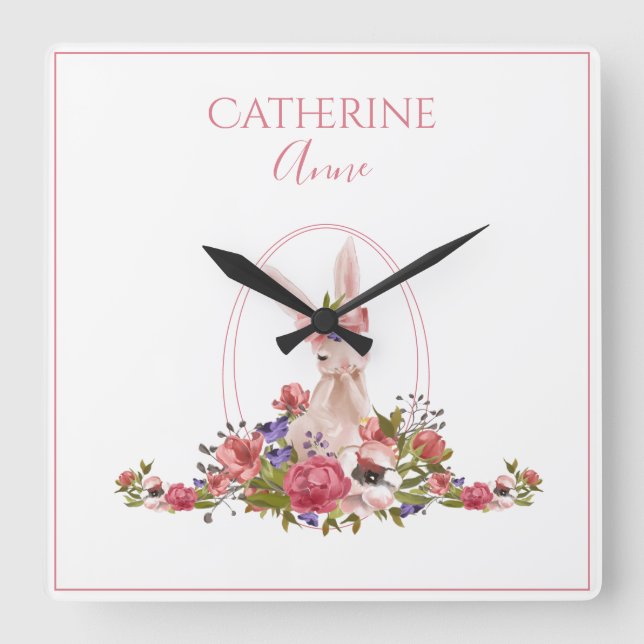 Rosa Animal Bunny Blommigt Girly Namn Fyrkantig Klocka (Framsida)