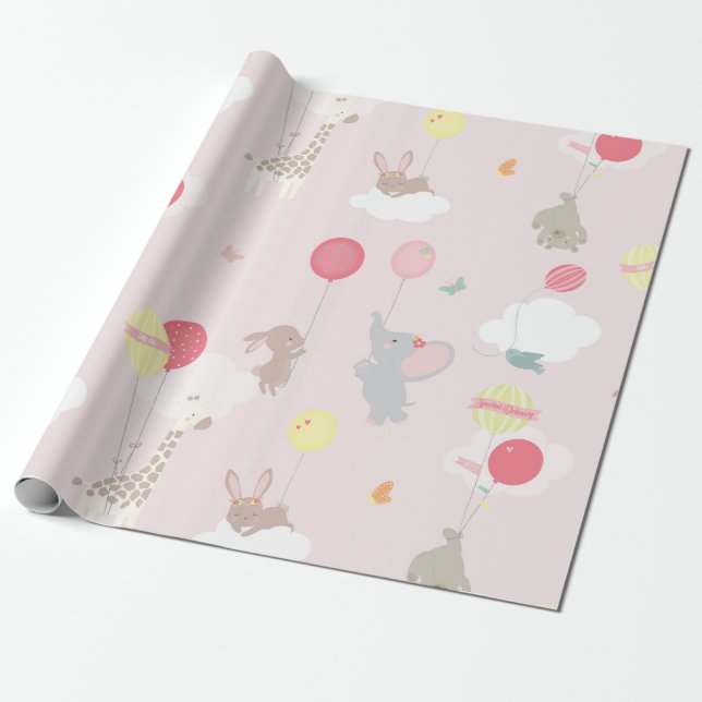 Rosa Animals Clouds Balloons Baby Presentpapper (Utrullad)