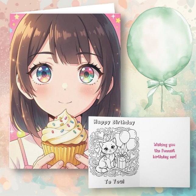 Rosa Anime Flickas Födelsedag och Målarsida Kort (Skapare uppladdad)