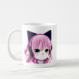 Rosa Anime Girl in Cat Ear Headphone Kaffemugg
