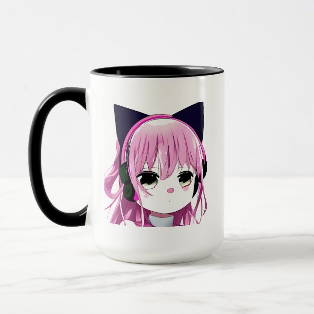 Rosa Anime Girl in Cat Ear Headphone Mugg (Vänster)