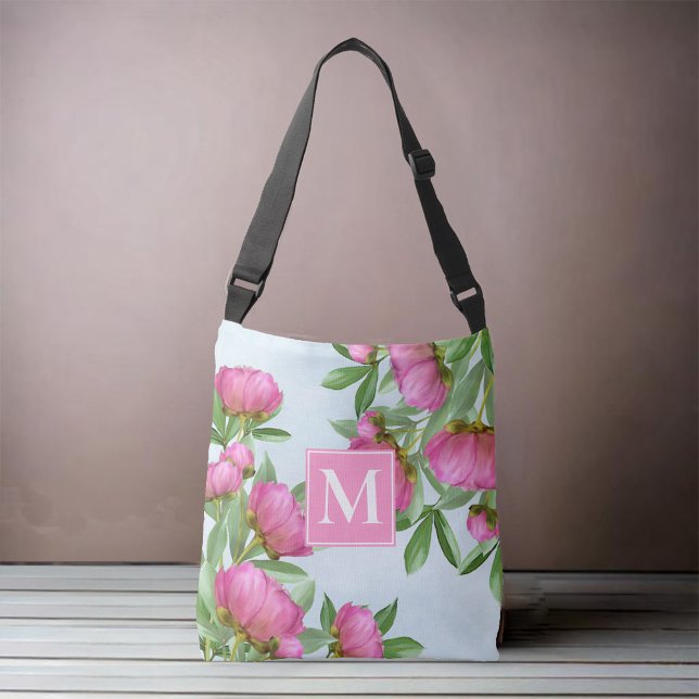Rosa Anpassningsbar Monogram Blommigt Axelväska (Pink Peonies shoulder tote bag.)