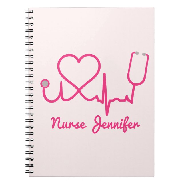 Rosa Anpassningsbar Nurse Namn Stethoscope Heart L Anteckningsbok (Framsidan)
