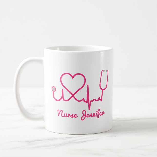 Rosa Anpassningsbar Nurse Namn Stethoscope Heart L Kaffemugg (Vänster)