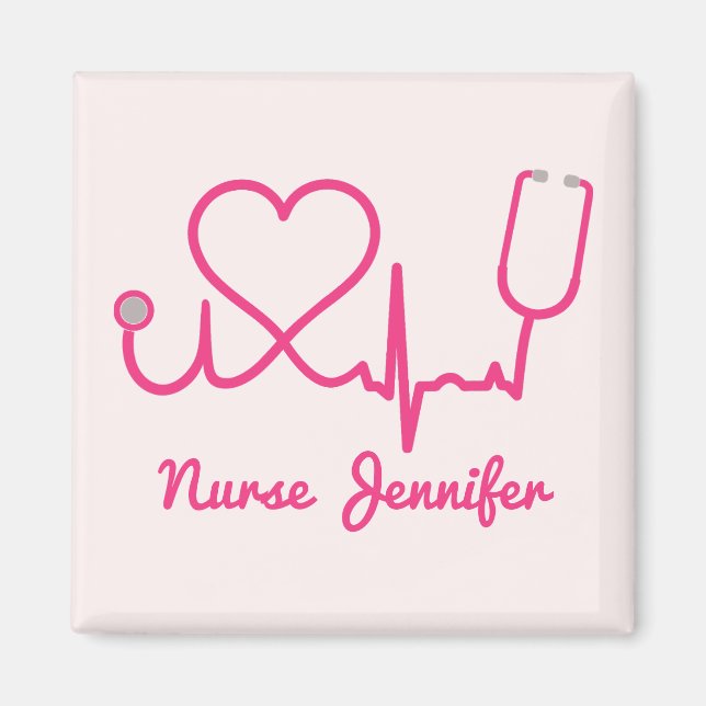 Rosa Anpassningsbar Nurse Namn Stethoscope Heart L Magnet (Framsidan)