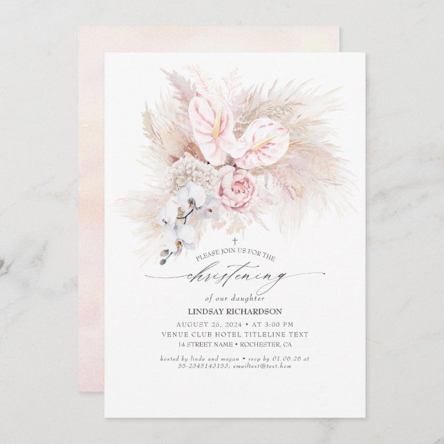 Rosa Anthurium och Pampas Grass Blommigt Christing Inbjudningar (Fram/baksida)