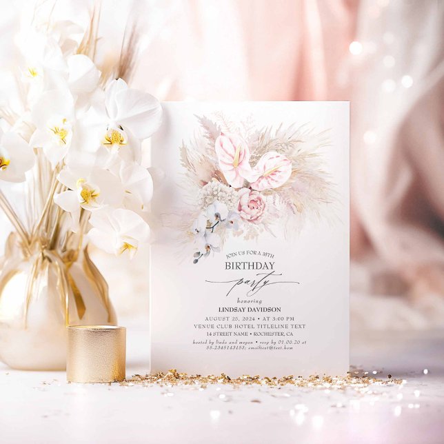 Rosa Anthurium och Pampas Grass Födelsedagsfest Inbjudningar (White Orchids Boho Pink Birthday Invitations)