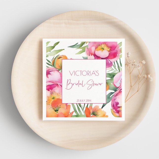 Rosa apelsin peonior elegant bröllopsdusch pappersservett (Pink peach orange peonies elegant summer bridal shower template napkins personalized tableware decor)