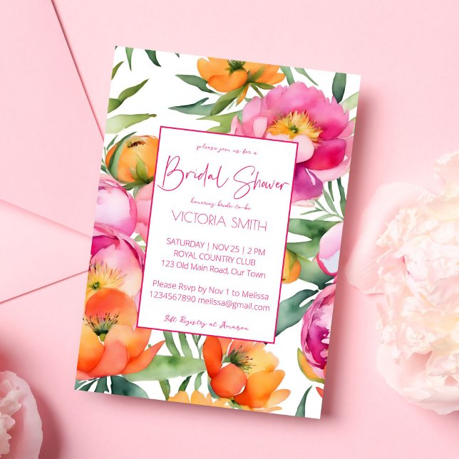 Rosa apelsinorange peonior elegant bröllopsdusch inbjudningar (Pink peach orange peonies elegant summer bridal shower editable template invitation digital download)