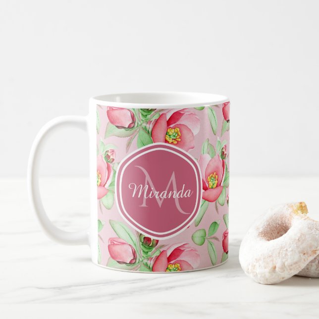 Rosa äppelblomsmonogram kaffemugg (Med munk)