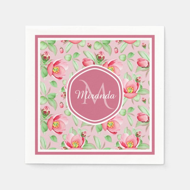 Rosa äppelblomsmonogram pappersservett (Framsidan)