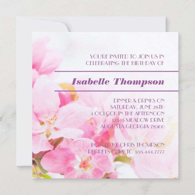 Rosa Apple Blommar Födelsedagsfest inbjudan (Framsida)