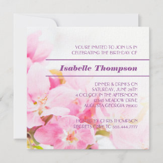 Rosa Apple Blommar Födelsedagsfest inbjudan