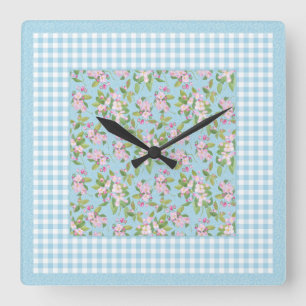 Rosa Apple-Blommar på Blue, Blue and White Gingham Fyrkantig Klocka