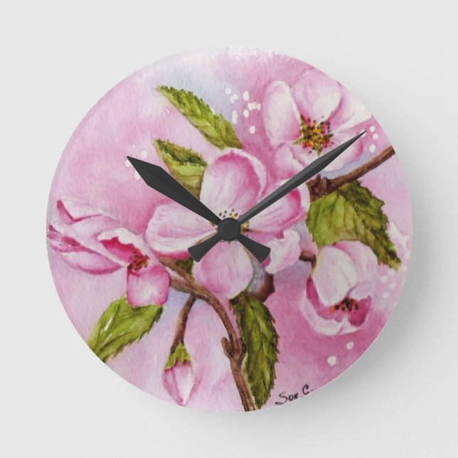 ROSA APPLE BLOMMARS WALL CLOCK RUND KLOCKA (Framsida)