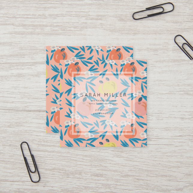 Rosa Apple Blommönster Teacher Sq Affärskort Fyrkantigt Visitkort (Fram/Back In Situ)