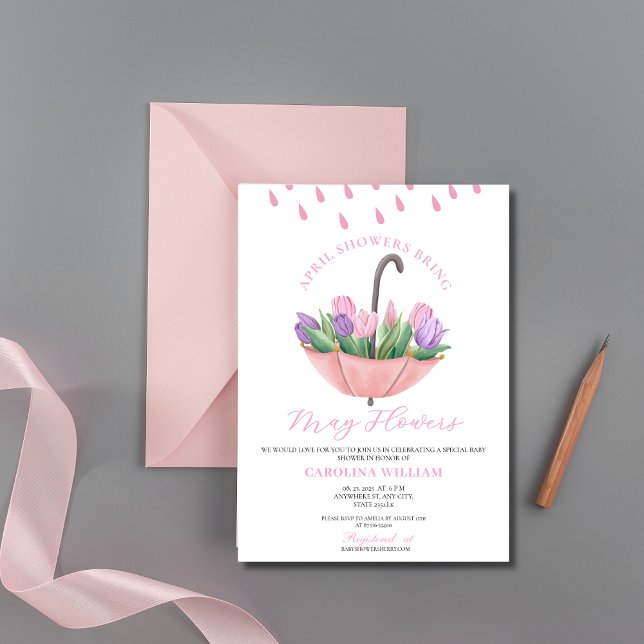 Rosa April Showers tar med sig maj Blommor Baby Sh Inbjudningar (Skapare uppladdad)