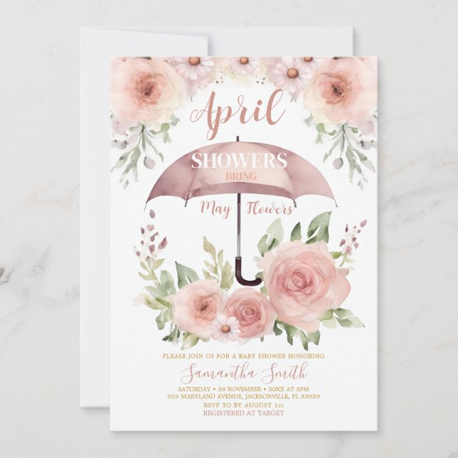 Rosa aprilsjäl regn bringar maj blomma paraply inbjudningar (Framsida)