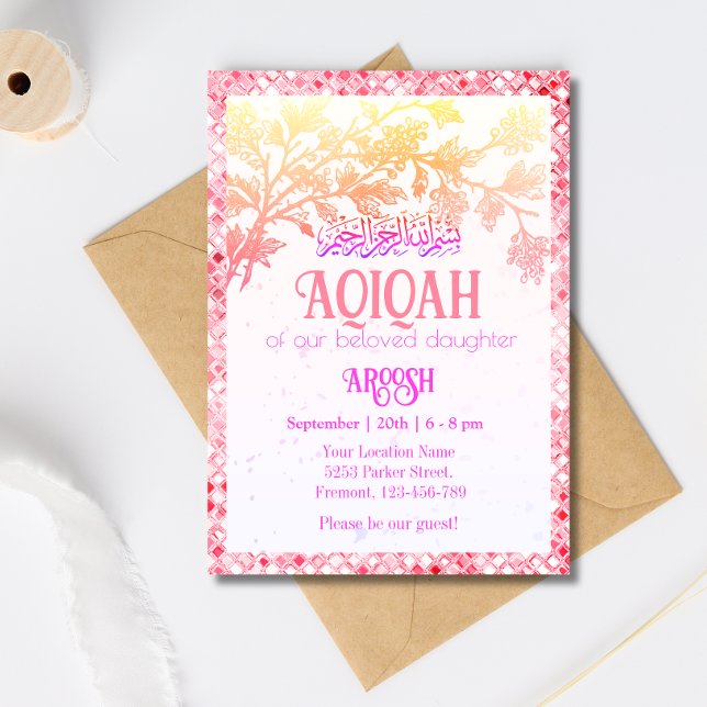 Rosa Aqeeqah- Aqiqah- Muslimsk flickinbjudan Inbjudningar (Skapare uppladdad)
