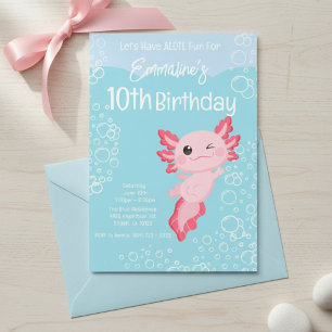 Rosa Aqua Axolotl 10-års födelsedagsfest Inbjudningar