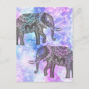 Rosa Aqua Black Elephant Bright Tribal Vykort