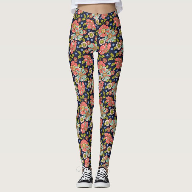 Rosa Aqua Blommigt Leggings, 70:e  Retro Leggings (Framsida)