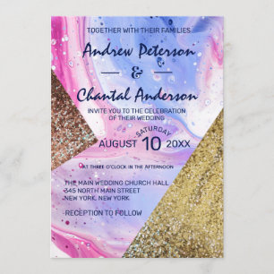 Rosa Aqua Blue Liquid Marble Glitter Bröllop Inbjudningar