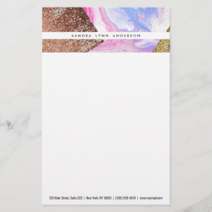 Rosa Aqua Blue Liquid Marble Glitter Geo Brevpapper