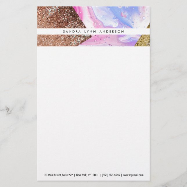  Rosa Aqua Blue Liquid Marble Glitter Geo Brevpapper (Framsida)