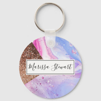 Rosa Aqua Blue Liquid Marble Glitter Geo Nyckelring