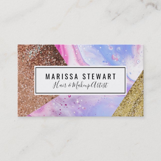  Rosa Aqua Blue Liquid Marble Glitter Geo Visitkort (Framsida)