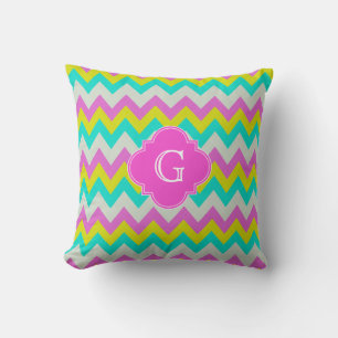 Rosa Aqua Gul Vit Chevron Fyrklöver Monogram Kudde