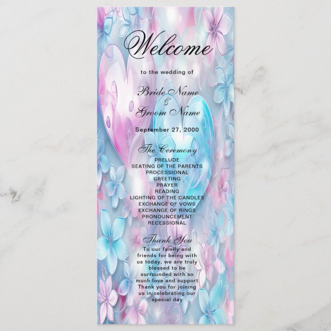Rosa Aqua Hearts and Flowers Bröllopsprogram Program (Framsida)