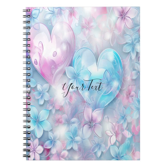 Rosa Aqua Hearts and Flowers Notebook Anteckningsbok (Framsidan)