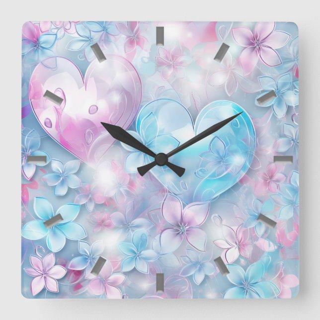 Rosa Aqua Hearts and Flowers Wall Clock Fyrkantig Klocka (Framsida)