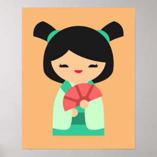 rosa aqua Kokeshi Japanska dockor Poster
