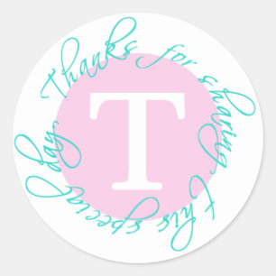 Rosa, Aqua Monogram T Tack Sticker 5 Runt Klistermärke