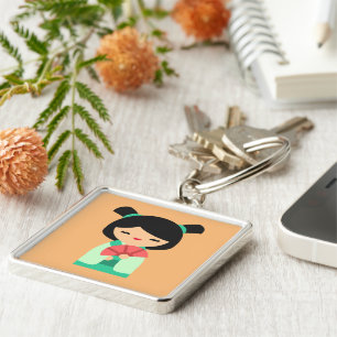 Rosa aqua peach Kokeshi Japanska dockor Fyrkantig Silverfärgad Nyckelring