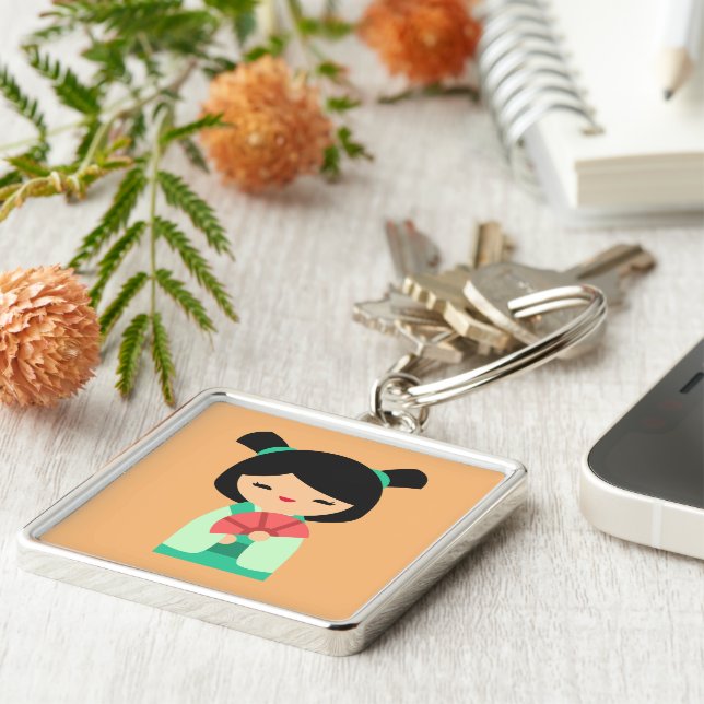 Rosa aqua peach Kokeshi Japanska dockor Fyrkantig Silverfärgad Nyckelring (Sidan)