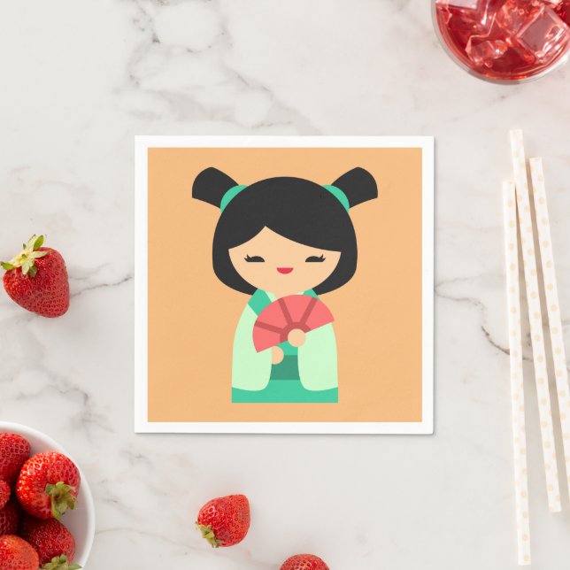 Rosa aqua peach Kokeshi Japanska dockor Pappersservett (Insitu)